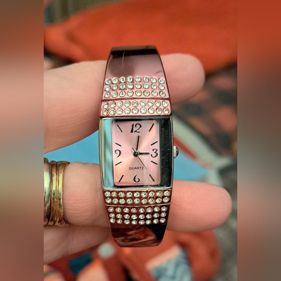 Pink and Black Quartz Watch with Rhinestones